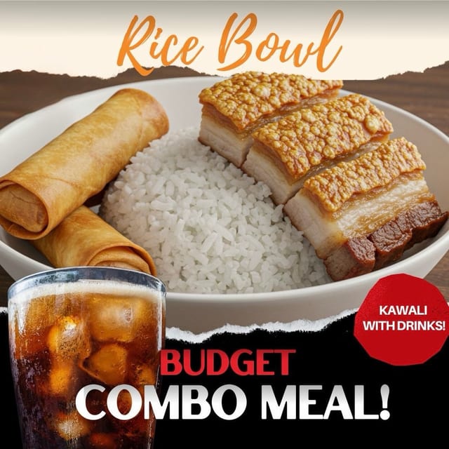 Rice Bowl 2 with Kawali, 2 Lumpia & Canned Soda.
