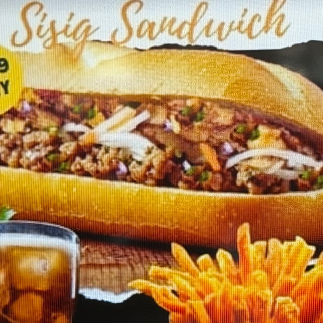 Sisig Sandwich, Fries and Drinks.