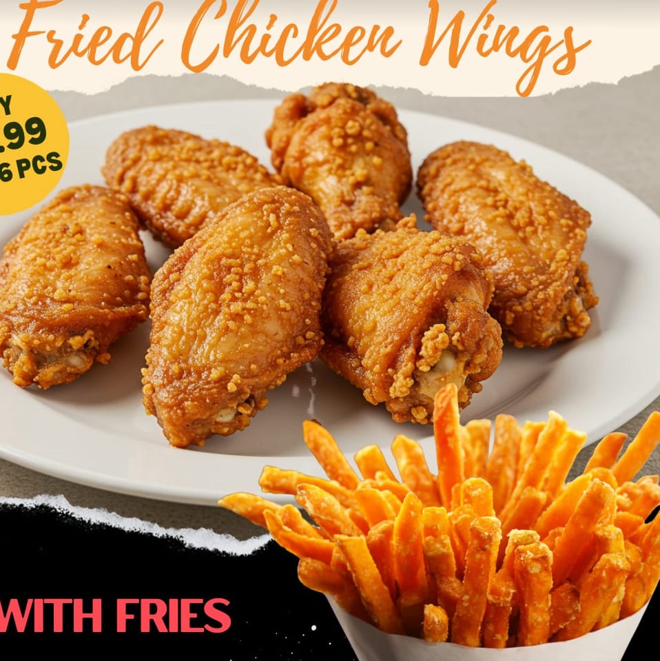 Chicken Wings with French Fries.