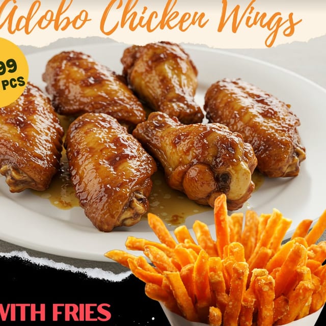 Adobo Wings with French Fries.